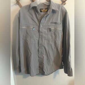 Harley Davidson lightweight Gray Button-Up Shirt zipper pockets leather patch M